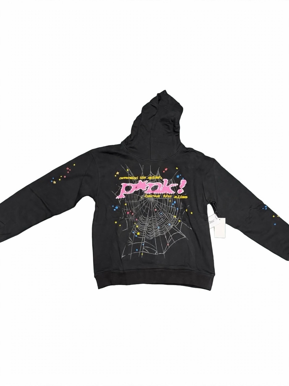Black Graphic Hoodie with Pink Logo & Spiderweb Detail